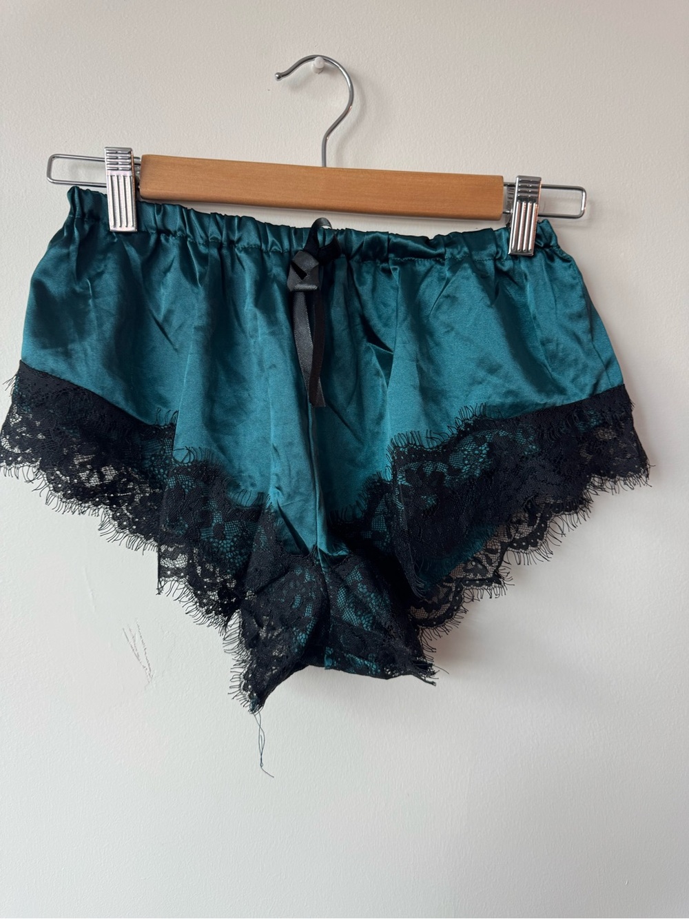 Satin Emerald Teal Lace Trim Tap Shorts Pajama Bottoms High Waist
